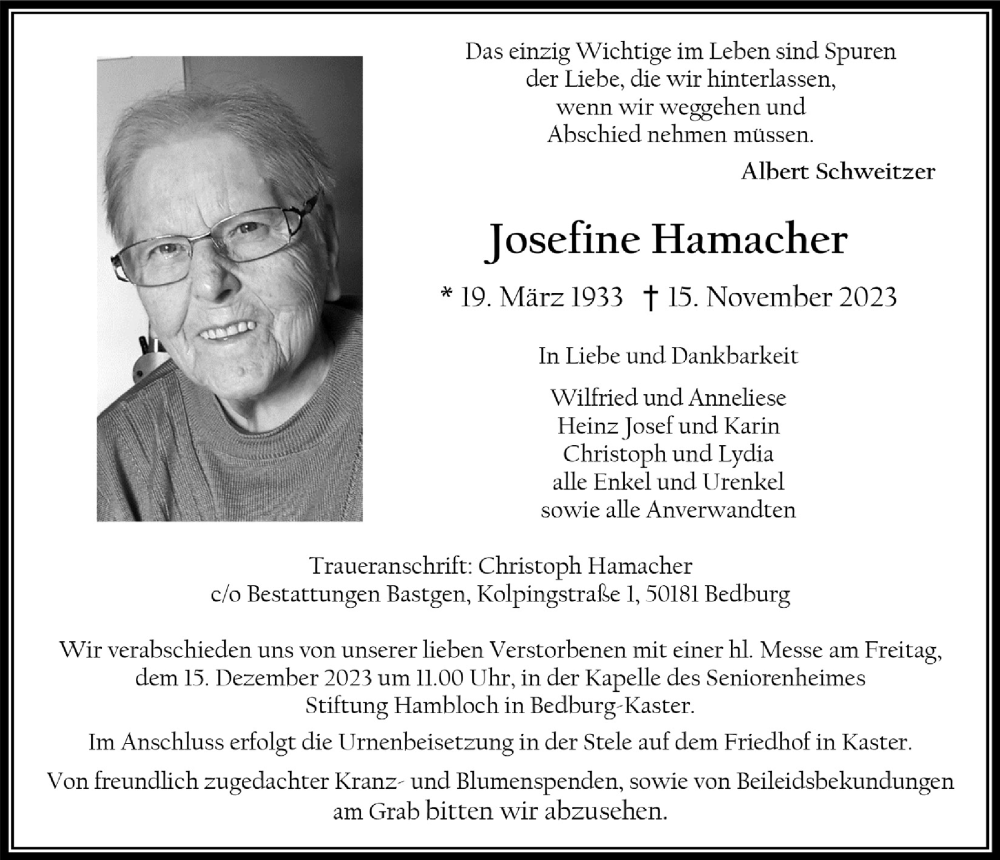  Traueranzeige für Josefine Hamacher vom 01.12.2023 aus  Werbepost 