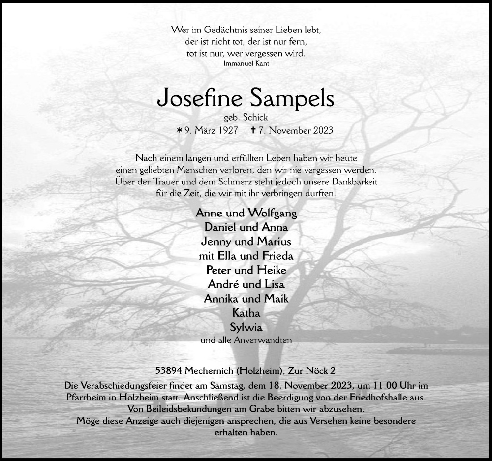  Traueranzeige für Josefine Sampels vom 11.11.2023 aus Kölner Stadt-Anzeiger / Kölnische Rundschau / Express