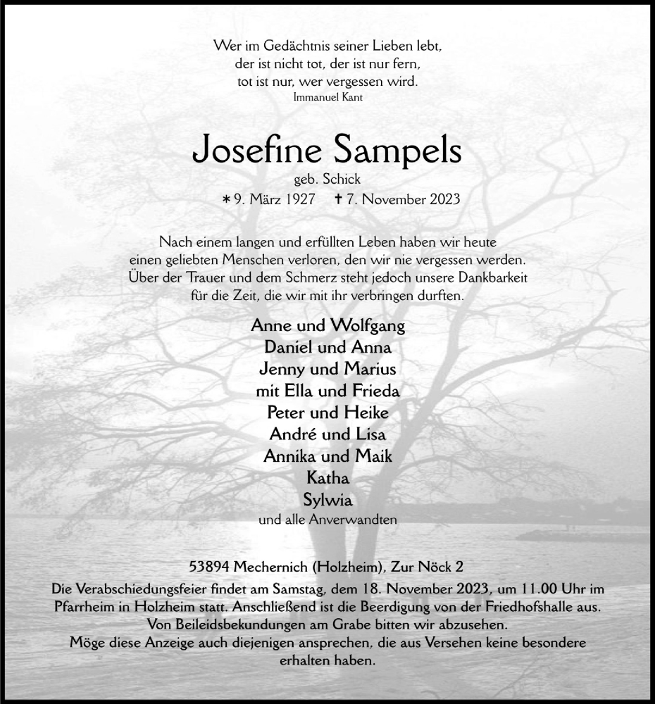  Traueranzeige für Josefine Sampels vom 11.11.2023 aus  Blickpunkt Euskirchen 
