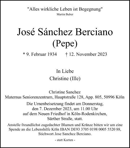 Anzeige von Jose Sanchez Berciano von Kölner Stadt-Anzeiger / Kölnische Rundschau / Express