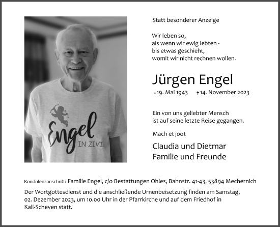 Anzeige von Jürgen Engel von Kölner Stadt-Anzeiger / Kölnische Rundschau / Express