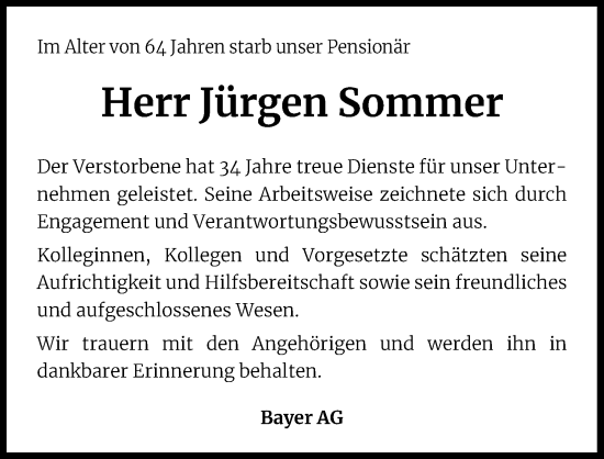 Anzeige von Jürgen Sommer von Kölner Stadt-Anzeiger / Kölnische Rundschau / Express
