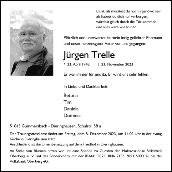 Anzeige von Jürgen Trelle von  Anzeigen Echo 