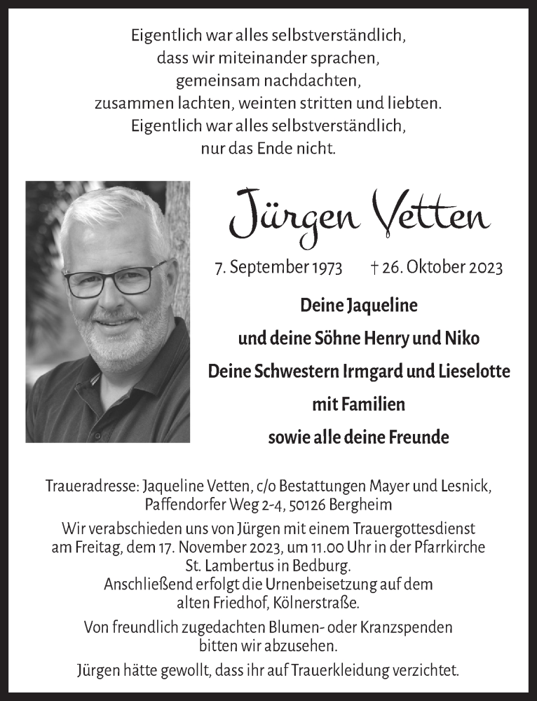  Traueranzeige für Jürgen Vetten vom 10.11.2023 aus  Werbepost 