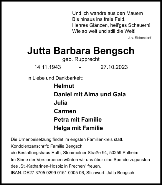 Anzeige von Jutta Barbara Bengsch von Kölner Stadt-Anzeiger / Kölnische Rundschau / Express