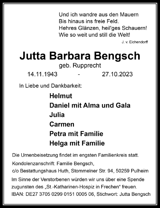 Anzeige von Jutta Barbara Bengsch von  Wochenende 