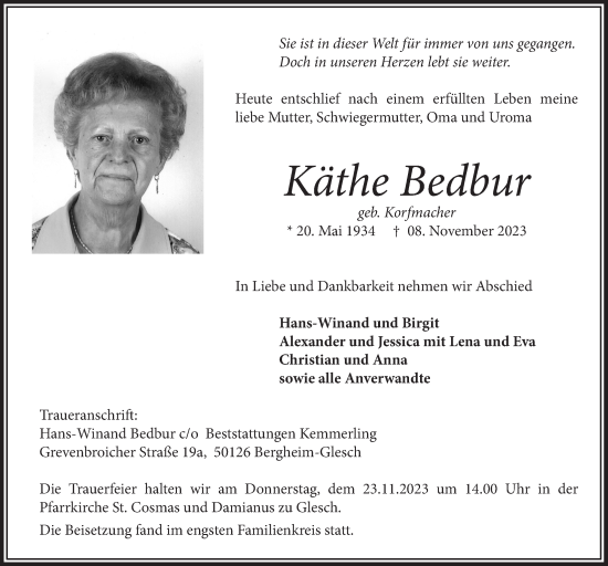 Anzeige von Käthe Bedbur von  Werbepost 