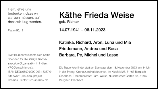 Anzeige von Käthe Frieda Weise von Kölner Stadt-Anzeiger / Kölnische Rundschau / Express