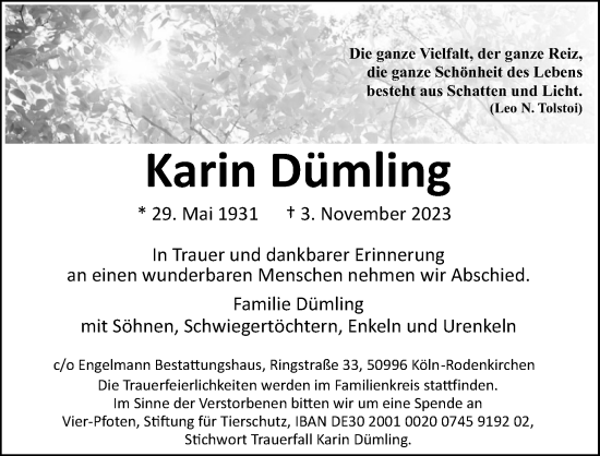 Anzeige von Karin Dümling von Kölner Stadt-Anzeiger / Kölnische Rundschau / Express