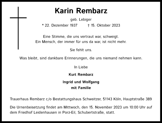 Anzeige von Karin Rembarz von Kölner Stadt-Anzeiger / Kölnische Rundschau / Express