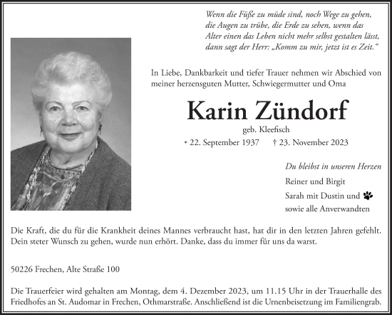 Anzeige von Karin Zündorf von  Wochenende 