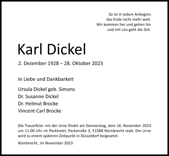 Anzeige von Karl Dickel von Kölner Stadt-Anzeiger / Kölnische Rundschau / Express