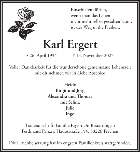 Anzeige von Karl Ergert von  Wochenende 