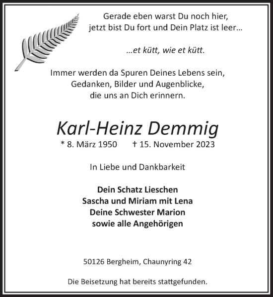 Anzeige von Karl-Heinz Demmig von  Werbepost 