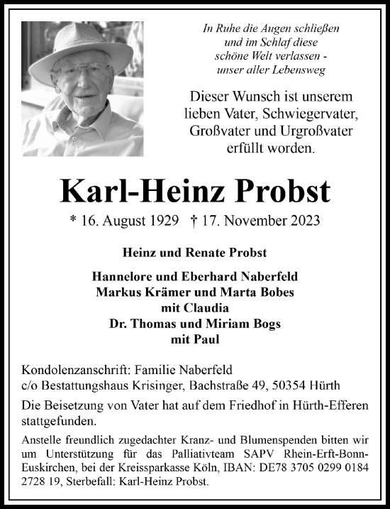 Anzeige von Karl-Heinz Probst von  Wochenende 