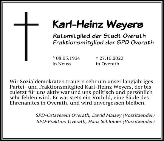 Anzeige von Karl-Heinz Weyers von Kölner Stadt-Anzeiger / Kölnische Rundschau / Express