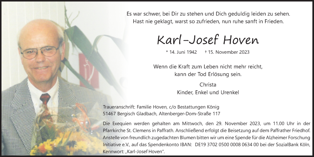  Traueranzeige für Karl-Josef Hoven vom 25.11.2023 aus Kölner Stadt-Anzeiger / Kölnische Rundschau / Express