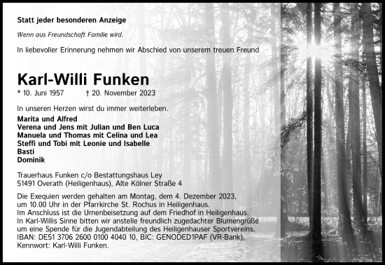 Anzeige von Karl-Willi Funken von Kölner Stadt-Anzeiger / Kölnische Rundschau / Express
