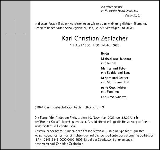 Anzeige von Karl Christian Zedlacher von Kölner Stadt-Anzeiger / Kölnische Rundschau / Express