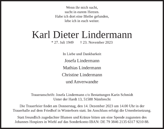 Anzeige von Karl Dieter Lindermann von  Lokalanzeiger 