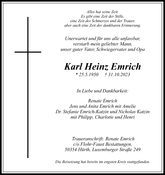 Anzeige von Karl Heinz Emrich von Kölner Stadt-Anzeiger / Kölnische Rundschau / Express