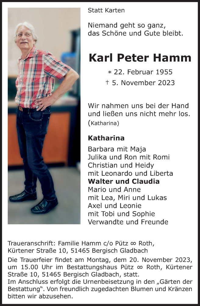 Traueranzeige für Karl Peter Hamm vom 11.11.2023 aus Kölner Stadt-Anzeiger / Kölnische Rundschau / Express