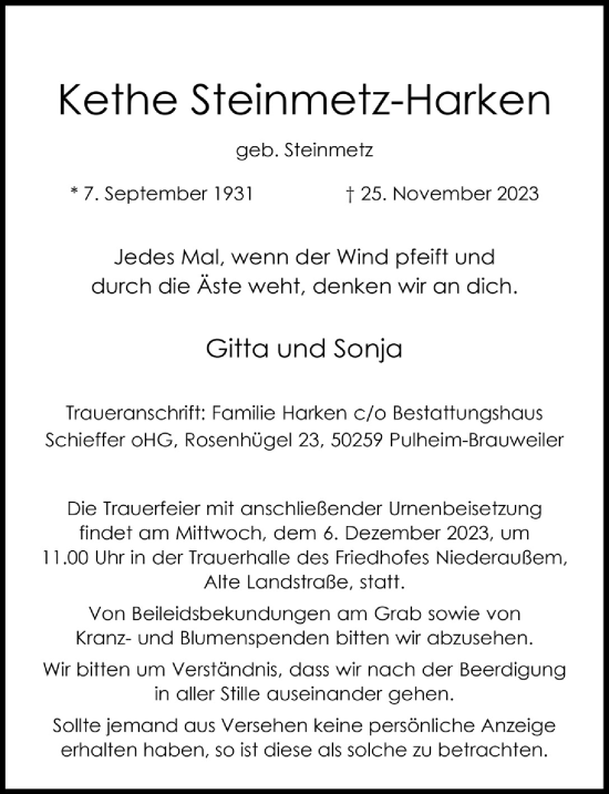 Anzeige von Kethe Steinmetz-Harken von  Werbepost 