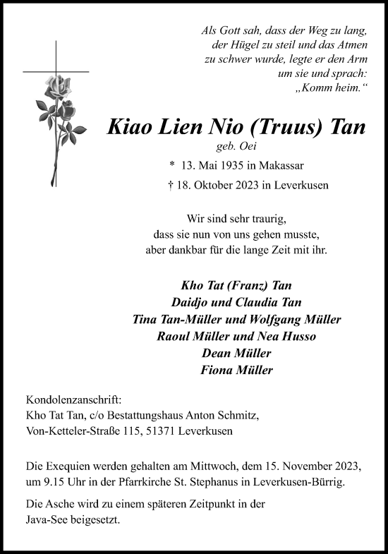 Anzeige von Kiao Lien Nio Tan von Kölner Stadt-Anzeiger / Kölnische Rundschau / Express