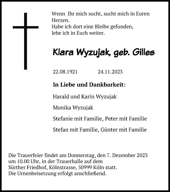 Anzeige von Klara Wyzujak von Kölner Stadt-Anzeiger / Kölnische Rundschau / Express