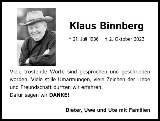 Anzeige von Klaus Binnberg von Kölner Stadt-Anzeiger / Kölnische Rundschau / Express