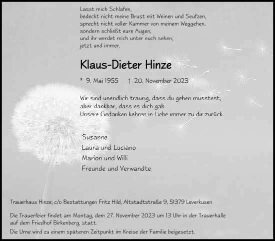 Anzeige von Klaus-Dieter Hinze von Kölner Stadt-Anzeiger / Kölnische Rundschau / Express