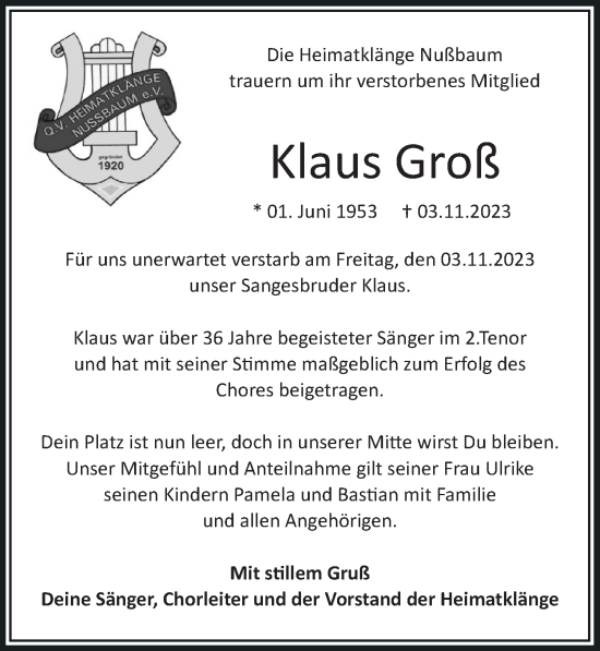 Anzeige von Klaus Groß von  Bergisches Handelsblatt 