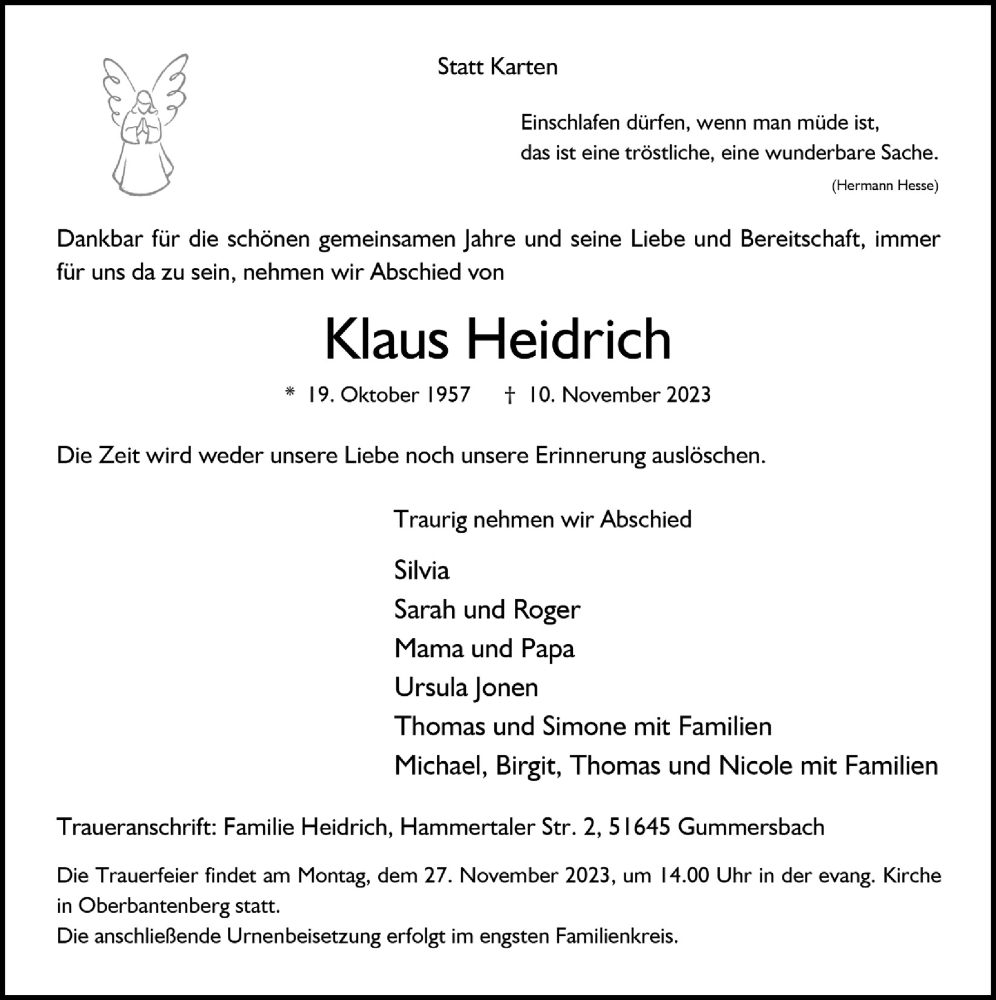  Traueranzeige für Klaus Heidrich vom 17.11.2023 aus  Anzeigen Echo 