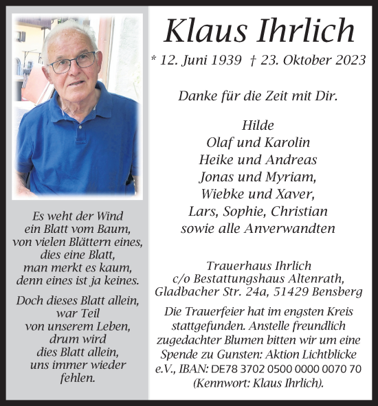 Anzeige von Klaus Ihrlich von Kölner Stadt-Anzeiger / Kölnische Rundschau / Express