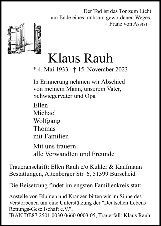 Anzeige von Klaus Rauh von Kölner Stadt-Anzeiger / Kölnische Rundschau / Express