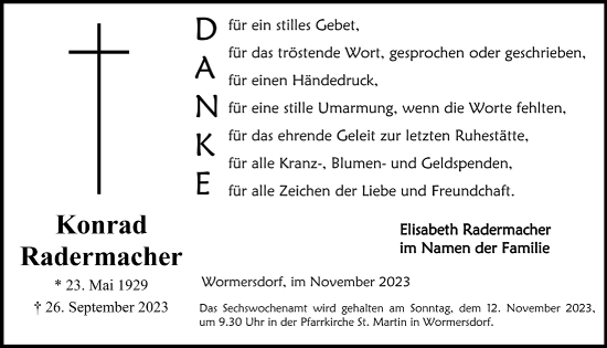 Anzeige von Konrad Radermacher von  Schaufenster/Blickpunkt 