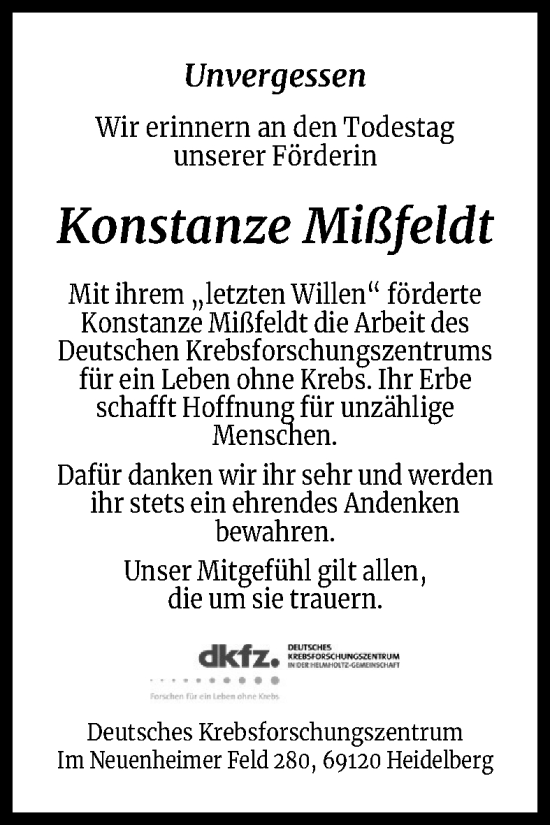 Anzeige von Konstanze Mißfeldt von Kölner Stadt-Anzeiger / Kölnische Rundschau / Express
