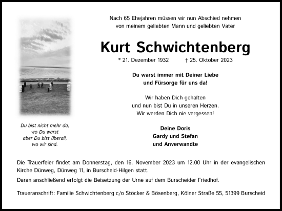 Anzeige von Kurt Schwichtenberg von Kölner Stadt-Anzeiger / Kölnische Rundschau / Express