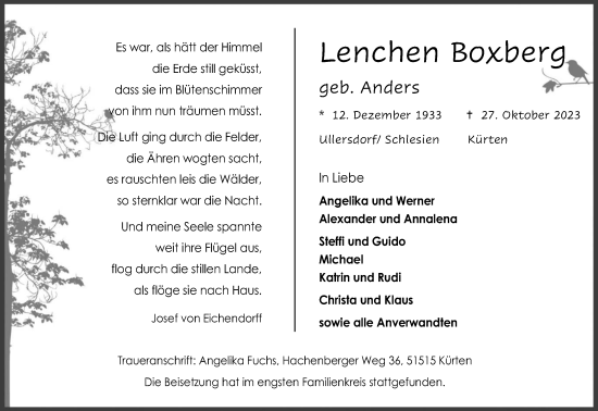 Anzeige von Lenchen Boxberg von Kölner Stadt-Anzeiger / Kölnische Rundschau / Express