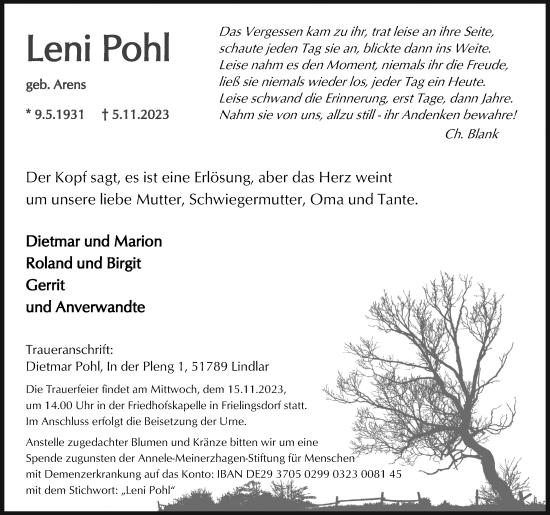 Anzeige von Leni Pohl von Kölner Stadt-Anzeiger / Kölnische Rundschau / Express