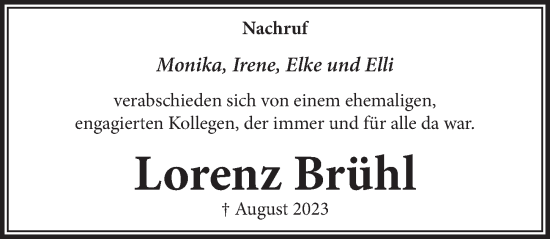 Anzeige von Lorenz Brühl von  Wochenende 