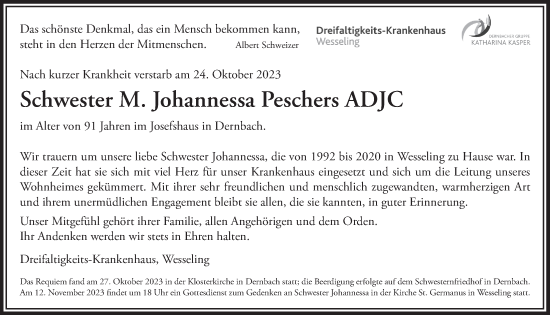 Anzeige von M. Johannessa Peschers von  Schlossbote/Werbekurier 