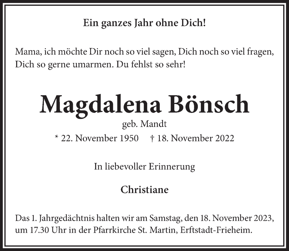  Traueranzeige für Magdalena Bönsch vom 10.11.2023 aus  Werbepost 
