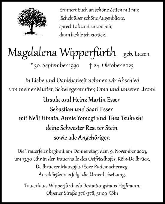 Anzeige von Magdalena Wipperfürth von Kölner Stadt-Anzeiger / Kölnische Rundschau / Express