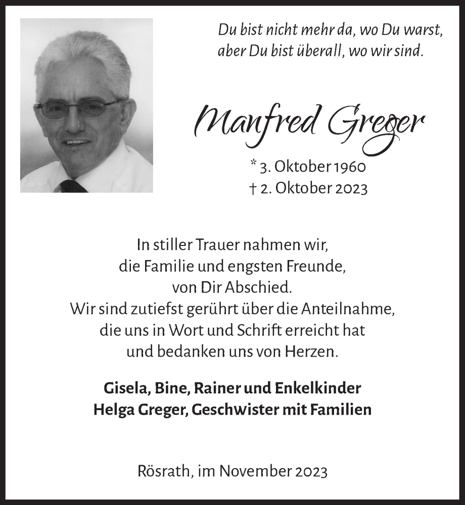  Traueranzeige für Manfred Greger vom 24.11.2023 aus  Bergisches Handelsblatt 