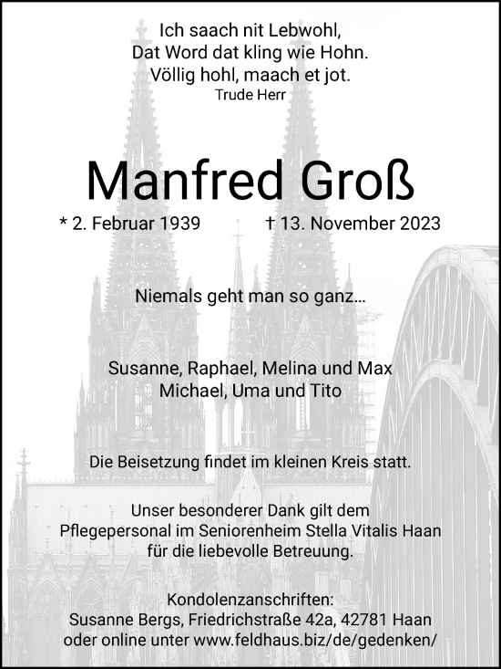Anzeige von Manfred Groß von Kölner Stadt-Anzeiger / Kölnische Rundschau / Express