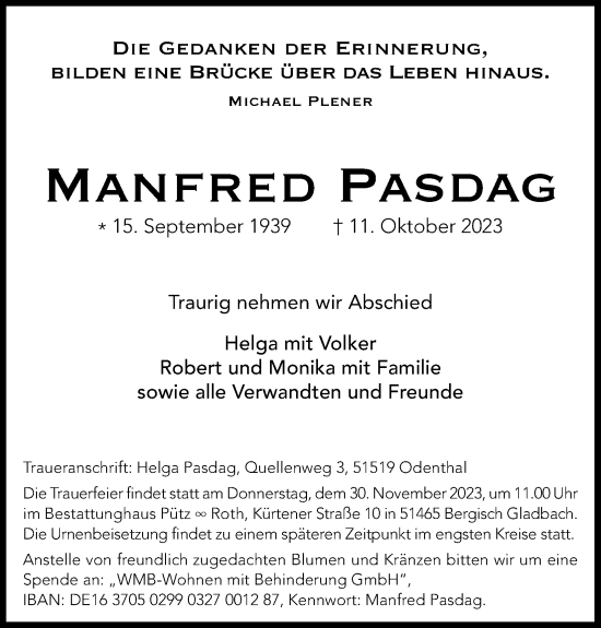 Anzeige von Manfred Pasdag von Kölner Stadt-Anzeiger / Kölnische Rundschau / Express