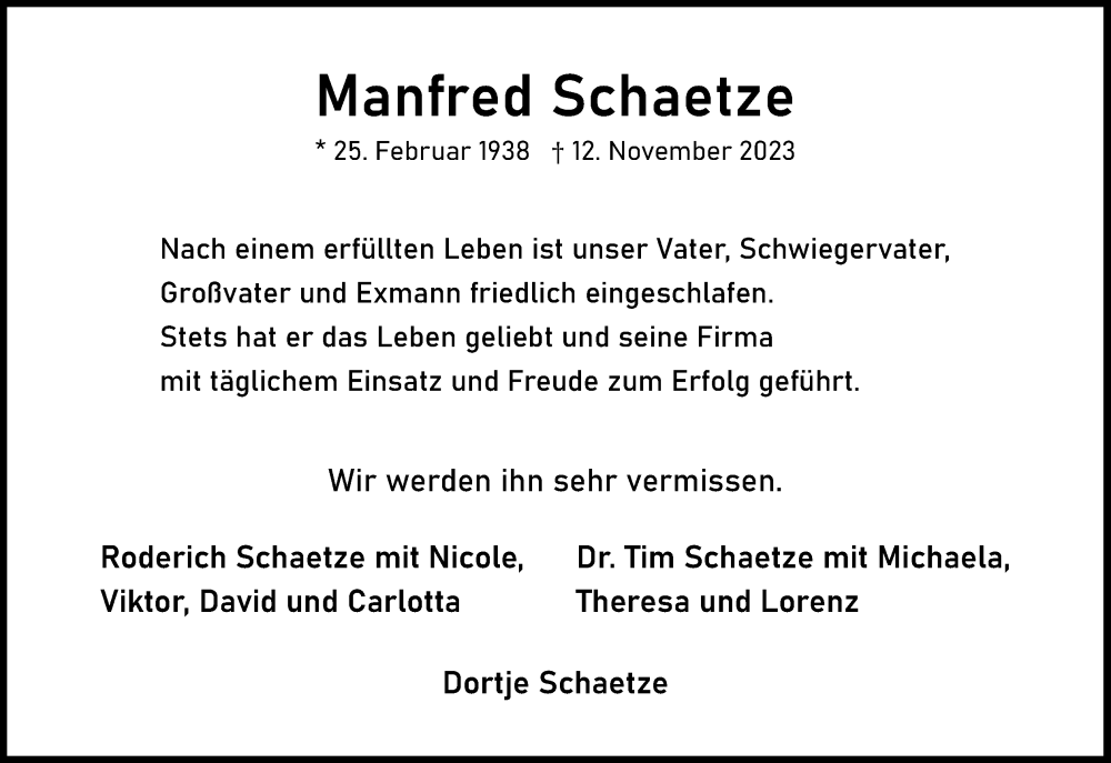  Traueranzeige für Manfred Schaetze vom 18.11.2023 aus Kölner Stadt-Anzeiger / Kölnische Rundschau / Express