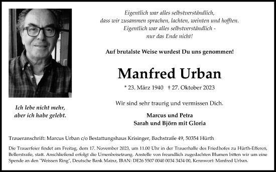 Anzeige von Manfred Urban von Kölner Stadt-Anzeiger / Kölnische Rundschau / Express