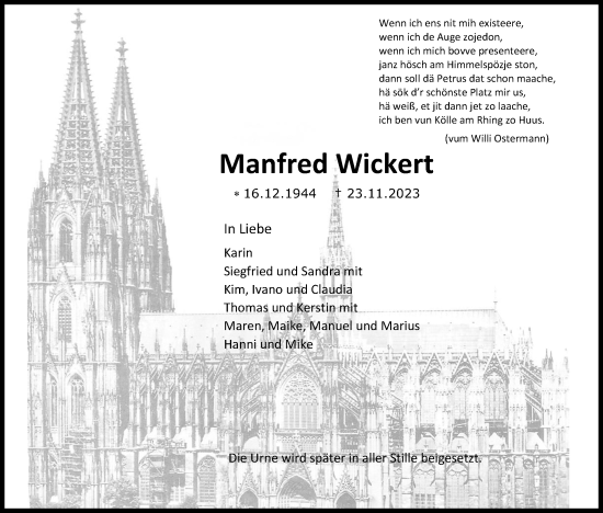 Anzeige von Manfred Wickert von Kölner Stadt-Anzeiger / Kölnische Rundschau / Express